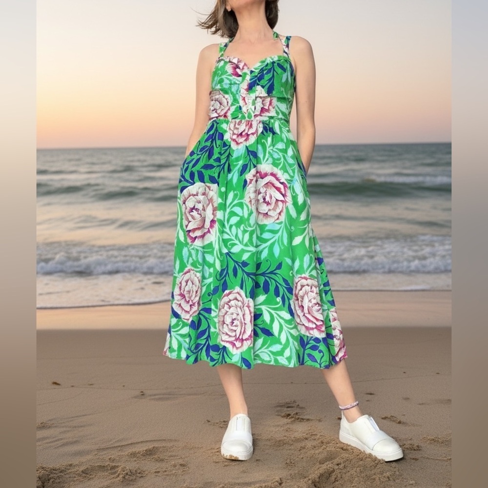 Moulinette Soeurs by Anthropologie Floral Midi Dress 100% Silk Medium/ 8